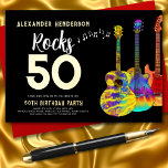 Rock and Roll Guitar 50th Birthday Gold Folie Uitnodiging<br><div class="desc">Viel je 50ste verjaardag in rock- en rolstijl met deze kleurrijke, psychedelische gitaarmuziek, gepersonaliseerde zwarte en gouden uitnodiging. Voeg de naam van de verjaardagsberoemde toe om te verklaren dat zij werkelijk Rock 50 doen. Een leuk muziekontwerp met een moderne goudtypografie en muzikale noten voor de rockstar die 50 in rock...</div>