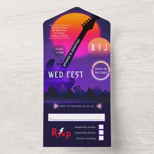 Rock and Roll Huwelijksfeest Rockfest All In One Uitnodiging (Binnen)