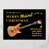 Rock and Roll Kerstgitaar Zwart en Goud Folie Feestdagenkaart (Voorkant)
