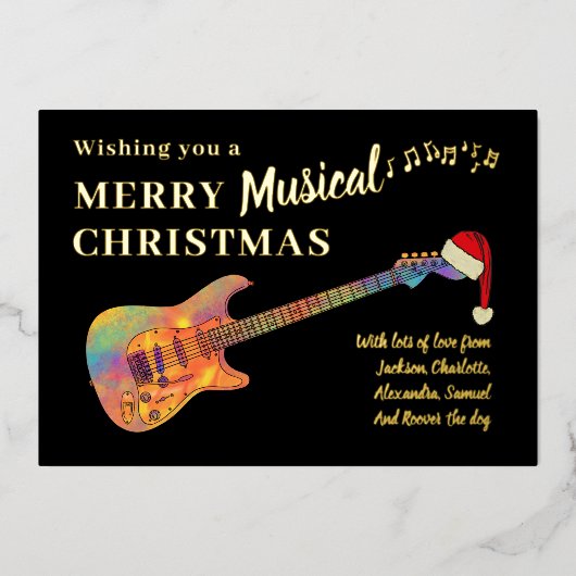 Rock and Roll Kerstgitaar Zwart en Goud Folie Feestdagenkaart (Voorkant)