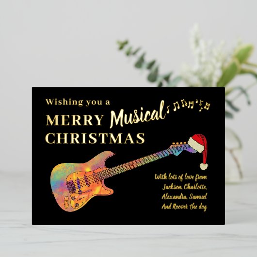 Rock and Roll Kerstgitaar Zwart en Goud Folie Feestdagenkaart (Staand Voorkant)