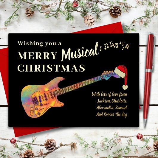 Rock and Roll Kerstgitaar Zwart en Goud Folie Feestdagenkaart