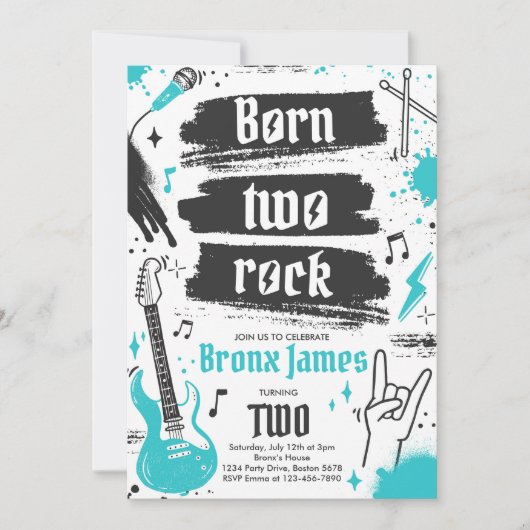 Rock and Roll Party Born Two Rock 2nd Birthday Kaart (Voorkant)