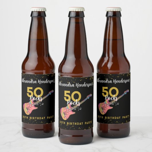 Rock and Roll Roze Zwart Goud 50ste Verjaardagsfee Bier Etiket (Flessen)