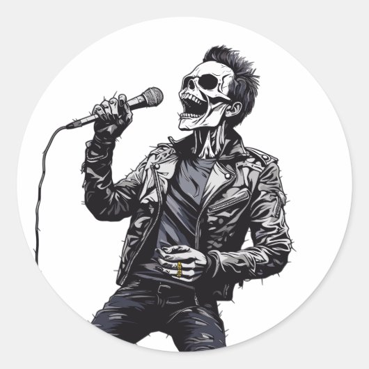 Rock and Roll Skelet Ronde Sticker (Voorkant)