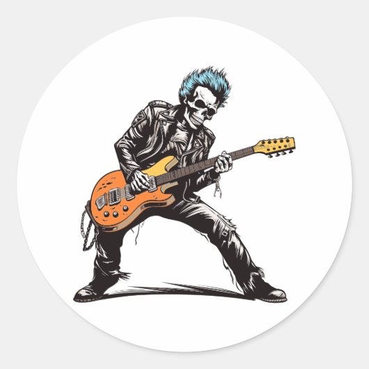 Rock and Roll Skelet Ronde Sticker (Voorkant)
