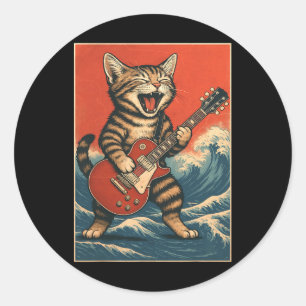 Rock And Roll Surfende Gitarist Grappige Kattenlie Ronde Sticker