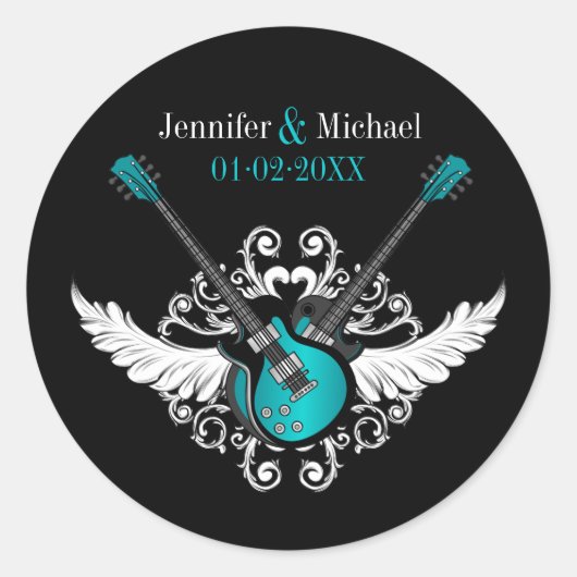 Rock and Roll Trouwgitaren Blauwgroen Zwart sticke Ronde Sticker (Voorkant)