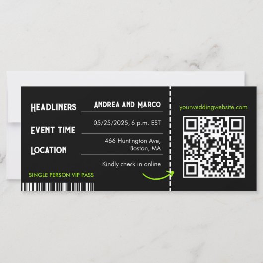 Rock and Roll Wedding Ticket Concert Boarding Pass (Achterkant)