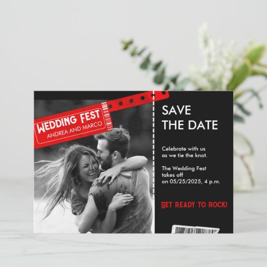Rock and Roll Wedding Ticket Concert Save the Date (Staand voorkant)