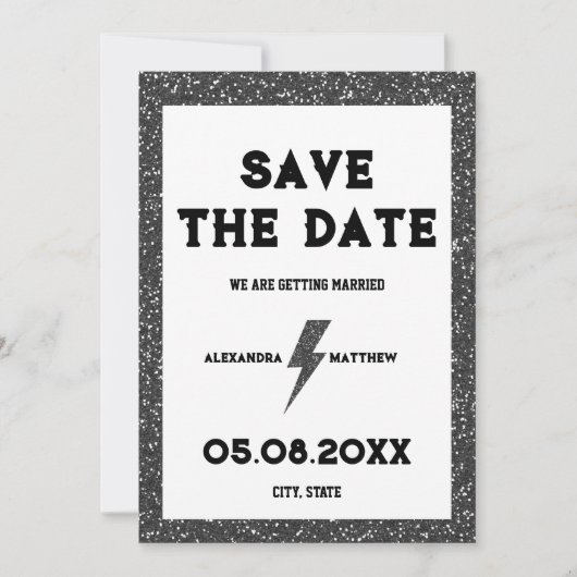 Rock and Roll Zwart Glitter Retro Save The Date (Voorkant)