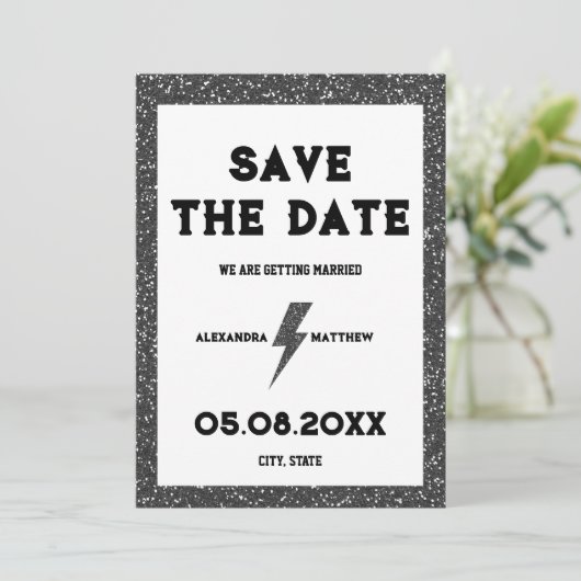 Rock and Roll Zwart Glitter Retro Save The Date (Staand voorkant)