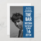 Rock Band Bar Mitswa Bewaar de datum in het blauw Aankondigingskaart (Voorkant / Achterkant)