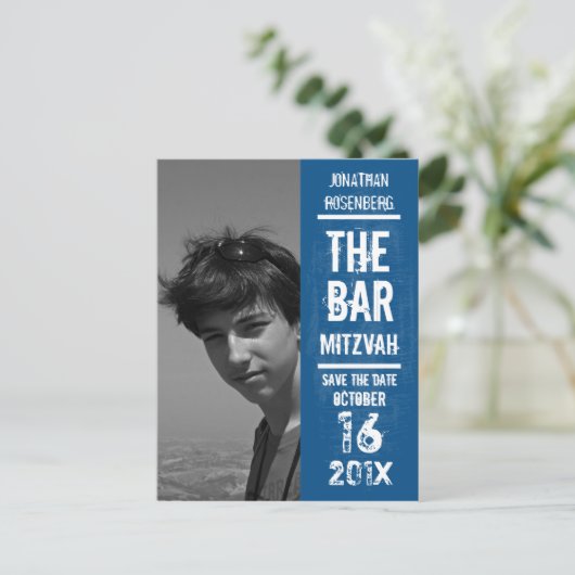 Rock Band Bar Mitswa Bewaar de datum in het blauw Aankondigingskaart (Staand voorkant)