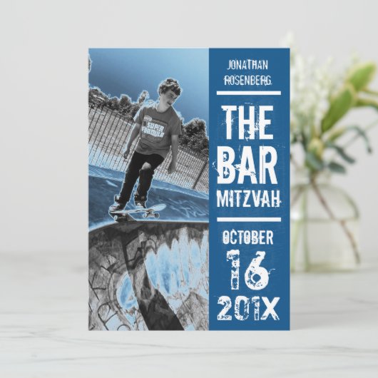Rock Band Bar Mitzvah Uitnodiging in Blue (Staand voorkant)