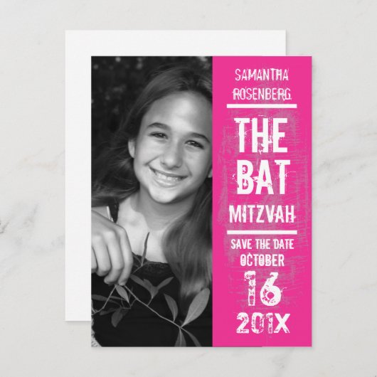 Rock Band Bat Mitswa Red de datum in het roze Aankondigingskaart (Voorkant / Achterkant)