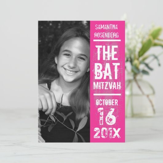 Rock Band Bat Mitzvah Invitation in Pink Kaart (Staand voorkant)