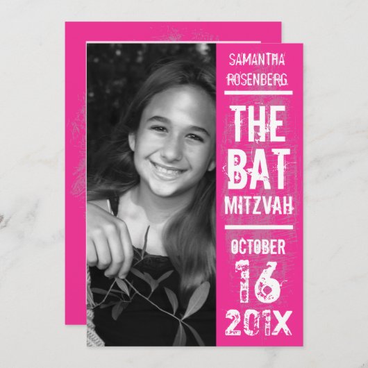 Rock Band Bat Mitzvah Invitation in Pink Kaart (Voorkant / Achterkant)
