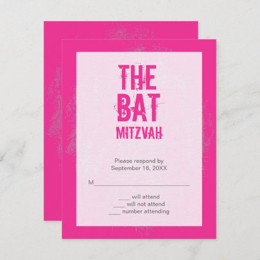 Rock Band Bat Mitzvah RSVP Reply Card in roze (Voorkant / Achterkant)