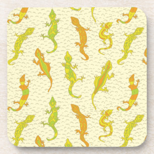 Rock beklimt Geckos op geel - naadloos patroon. Bier Onderzetter