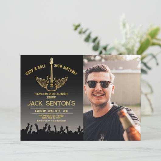 Rock Birthday Party Festival Guitar Photo Invite Kaart (Staand voorkant)
