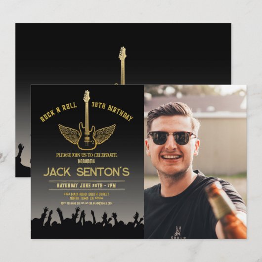 Rock Birthday Party Festival Guitar Photo Invite Kaart (Voorkant / Achterkant)