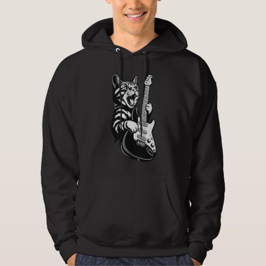 Rock Cat Playing Electric Guitar, Cool Music Lover Hoodie (Voorkant)
