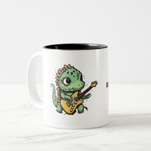 Rock & Coffee Dinosaurus Rock Star Tweekleurige Koffiemok (Voorkant links)