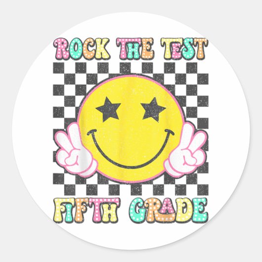 Rock de testdag 5e klas leraar 5e klas Te Ronde Sticker (Voorkant)