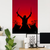 Rock Drummer Poster - Zwart Silhouet op Rood (Thuiskantoor)