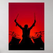 Rock Drummer Poster - Zwart Silhouet op Rood (Voorkant)
