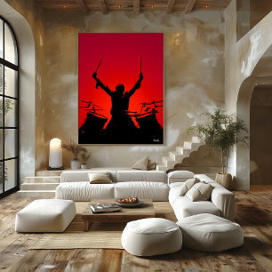 Rock Drummer Poster - Zwart Silhouet op Rood