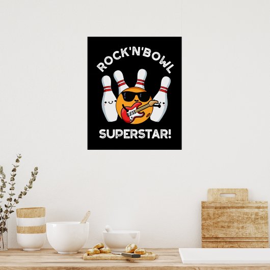 Rock en Bowl Superstar Funny Bowling Pun Dark BG Poster (Keuken)