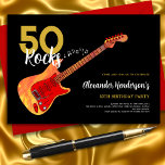 Rock en Roll 50th verjaardagsfeestje 50 rocks Kaart<br><div class="desc">50 Rocks wordt uitgenodigd voor een 50e verjaardagsfeestje met een coole elektrische gitaar met een Fire-vlampatroon en een rode kakitarkunst en muzieknotities met gepersonaliseerde zwarte en gouden moderne kalligrafische typografie. Deze gebruiksvriendelijke sjabloon creëer is de perfecte persoonlijke uitnodiging om vijftig in rock n roll-stijl te vieren en is ideaal voor...</div>