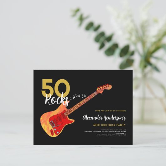 Rock en Roll 50th verjaardagsfeestje 50 rocks Uitnodiging Briefkaart (Staand voorkant)