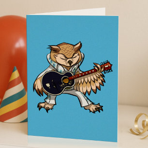 Rock en Roll Guitar Owl in Jumpsuit Cartoon