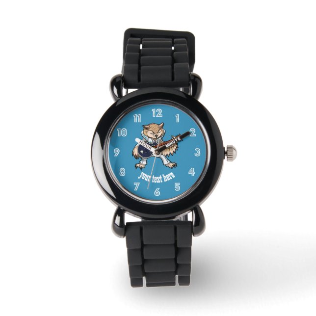 Rock en Roll Guitar Owl in Jumpsuit Cartoon Horloge (Voorkant)
