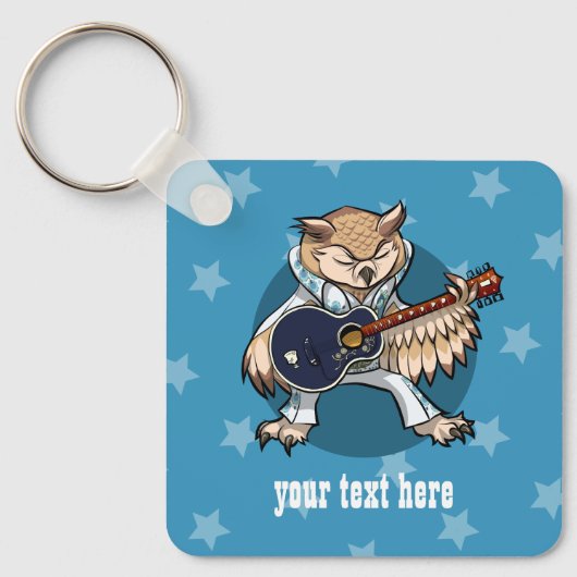 Rock en Roll Guitar Owl in Jumpsuit Cartoon Sleutelhanger (Voorkant)