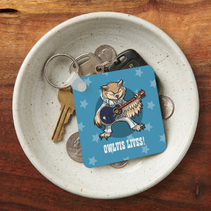 Rock en Roll Guitar Owl in Jumpsuit Cartoon Sleutelhanger