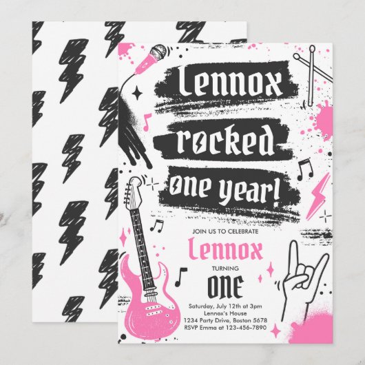 Rock en Roll Party Rocked One Year 1st Birthday Kaart (Voorkant / Achterkant)