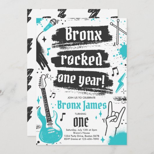 Rock en Roll Party Rocked One Year 1st Birthday Kaart (Voorkant / Achterkant)