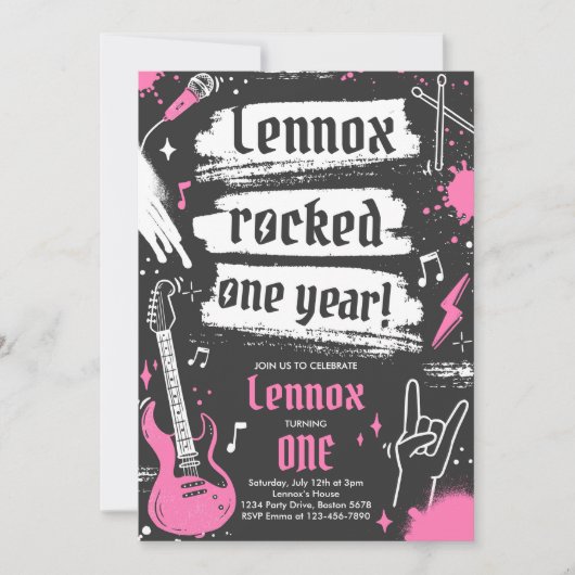 Rock en Roll Party Rocked One Year 1st Birthday Kaart (Voorkant)