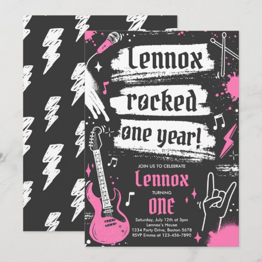 Rock en Roll Party Rocked One Year 1st Birthday Kaart (Voorkant / Achterkant)