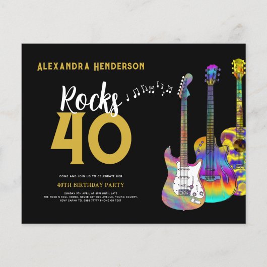 Rock en Roll Threated 40th Birthday Party Budget Flyer (Voorkant)
