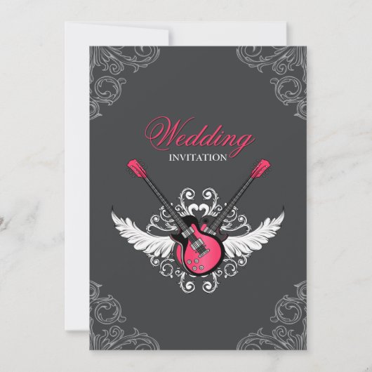 Rock- en Roll Wedding Fuchsia Grey-uitnodiging Kaart (Voorkant)