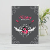 Rock- en Roll Wedding Fuchsia Grey-uitnodiging Kaart (Staand voorkant)