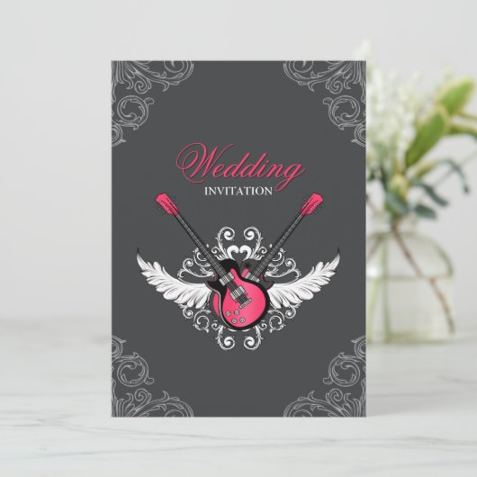 Rock- en Roll Wedding Fuchsia Grey-uitnodiging Kaart (Staand voorkant)