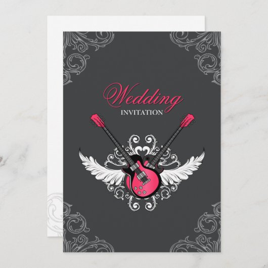 Rock- en Roll Wedding Fuchsia Grey-uitnodiging Kaart (Voorkant / Achterkant)