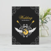 Rock- en Roll Wedding Yellow Black-uitnodiging Kaart (Staand voorkant)