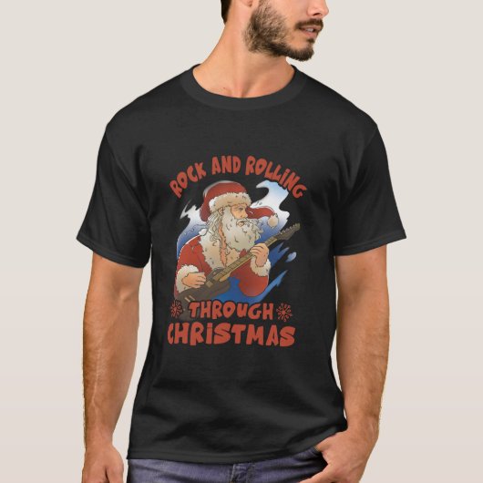 Rock En Rolling Door Kerstmis Grappige Gitaar Sa T-shirt (Voorkant)